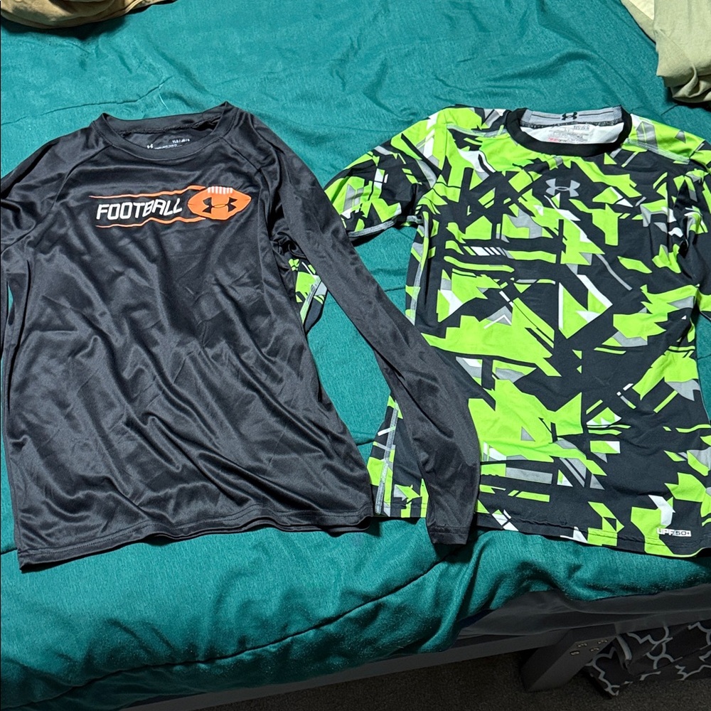 Lot 2 - Under Armour Kids' Black and Neon Green Long Sleeve Tees